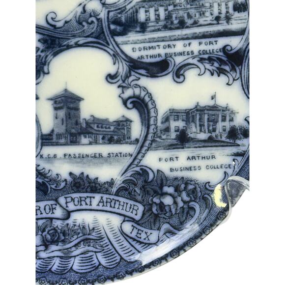 Wheelock England Flow Blue Picturesque Port Arthur Texas Vintage Souvenir Plate - Picture 4 of 7